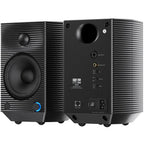 FiiO SP5 desktop speakers in black with sleek design, featuring multiple audio ports and compact size for desktop audio setup.