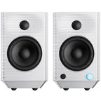 FiiO SP5 desktop speakers with sleek black design, compact size, and audio input ports visible on the front.