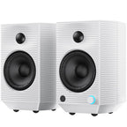 FiiO SP5 desktop speakers with sleek black design and compact form, featuring multiple audio input ports and modern aesthetic.