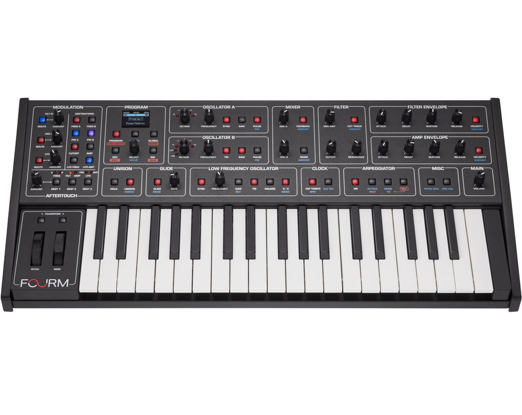 Sequential Fourm keyboard synthesizer with multiple knobs and controls, featuring a sleek black design and a compact layout.