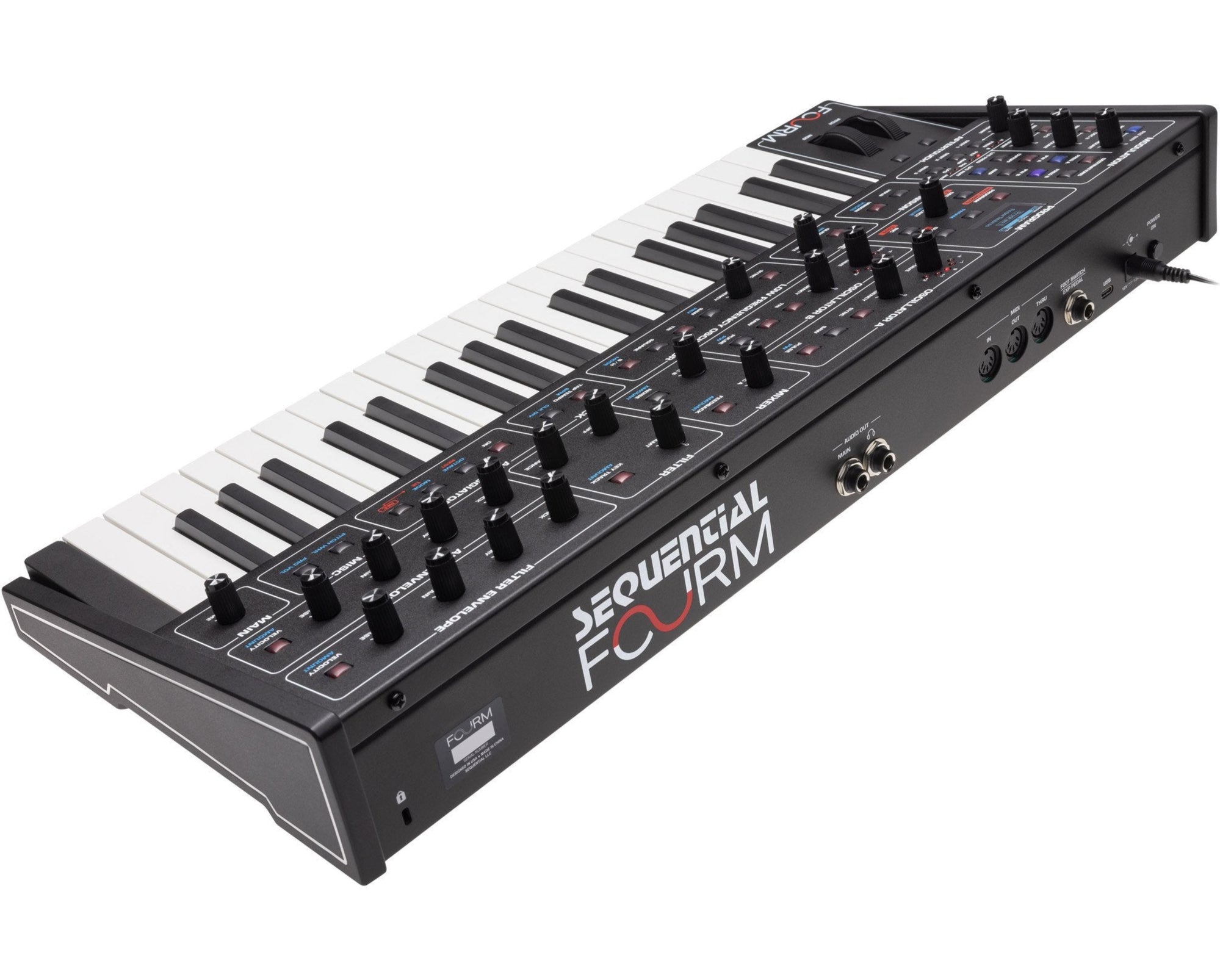 Sequential Fourm keyboard synthesizer with multiple knobs and keys, showcasing its sleek, professional design.