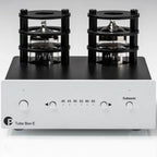 Pro-Ject Tube Box E phono preamp with tube design and controls, used for enhancing vinyl record sound quality.