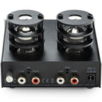 Pro-Ject Tube Box E phono preamp with back panel showing input and output connections, compact audio equipment for vinyl records.