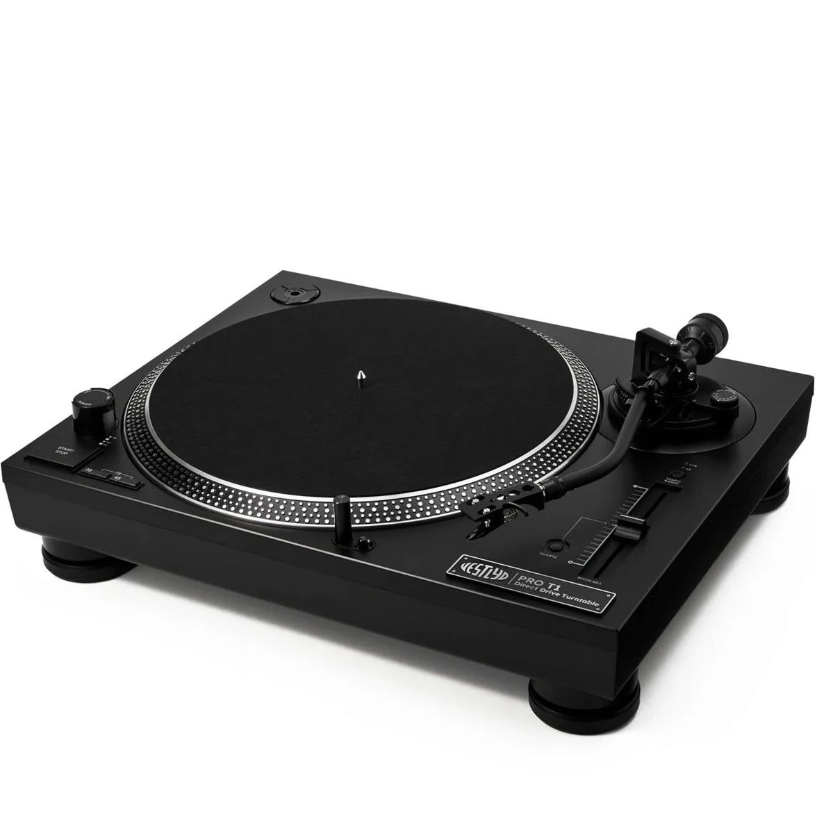 Vestlyd Vestlyd Pro T1 DJ turntables with black finish, featuring control knobs, platter, and tonearm for professional DJ setup.