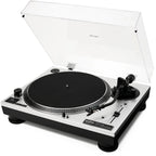Vestlyd Pro T1 DJ turntable with sleek black design, control knobs, and platter for professional audio mixing and DJing.