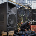 AlphaTheta Wave-Eight battery-powered loudspeakers with sleek design and control panel, ideal for portable audio needs.
