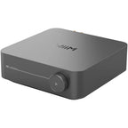 WiiM AMP Pro music streamer device with sleek black design and front display, used for high-quality audio streaming.