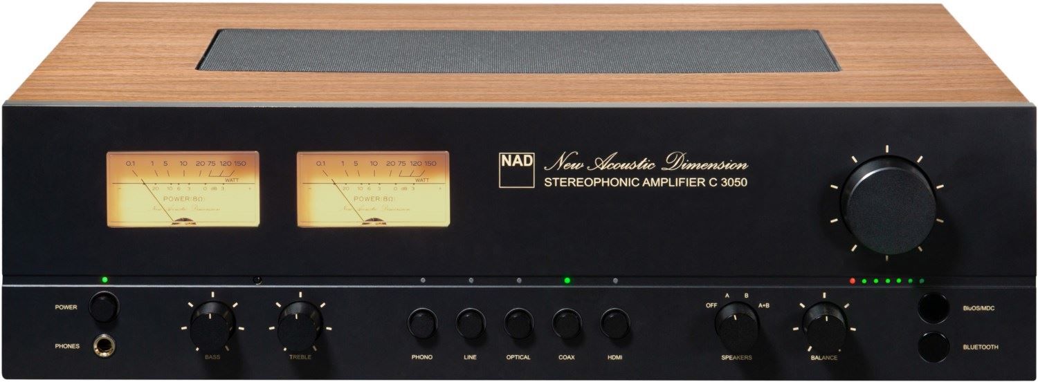 NAD C 3050 stereo amplifier with sleek black design and control knobs on the front panel.