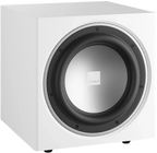 DALI Sub E-9 F subwoofer with black enclosure and driver, designed for deep bass in home audio systems.