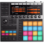 Native Instruments Maschine+ drum machine and sampler with colorful control pads and built-in screen, ready for music production.
