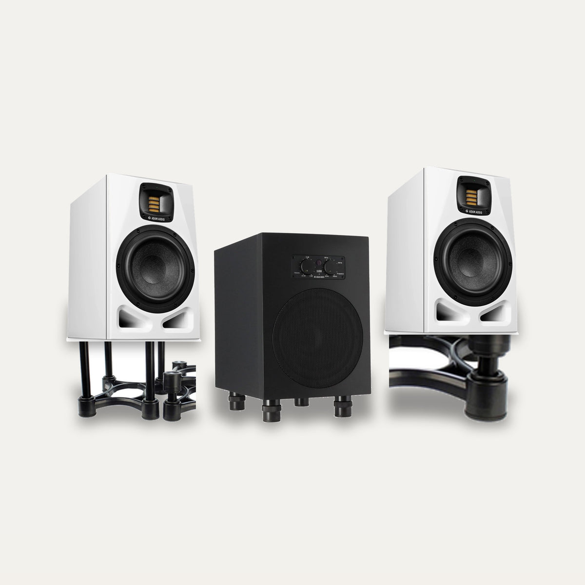 ADAM Audio A7V Pair + Sub8 + IsoAcoustics ISO-155 2.1 Monitoring Set – Monitor Colour White
