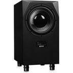 Adam Audio Sub10 MK2 subwoofer showing its sleek black cabinet and front grille, designed for professional audio monitoring.
