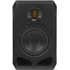 Adam Audio S2V mid-field and main studio monitors shown from a side angle, featuring sleek black cabinets and detailed driver components.