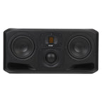 Adam Audio S3H mid-field and main monitors, showing sleek black finish and detailed speaker drivers for high-quality audio production.