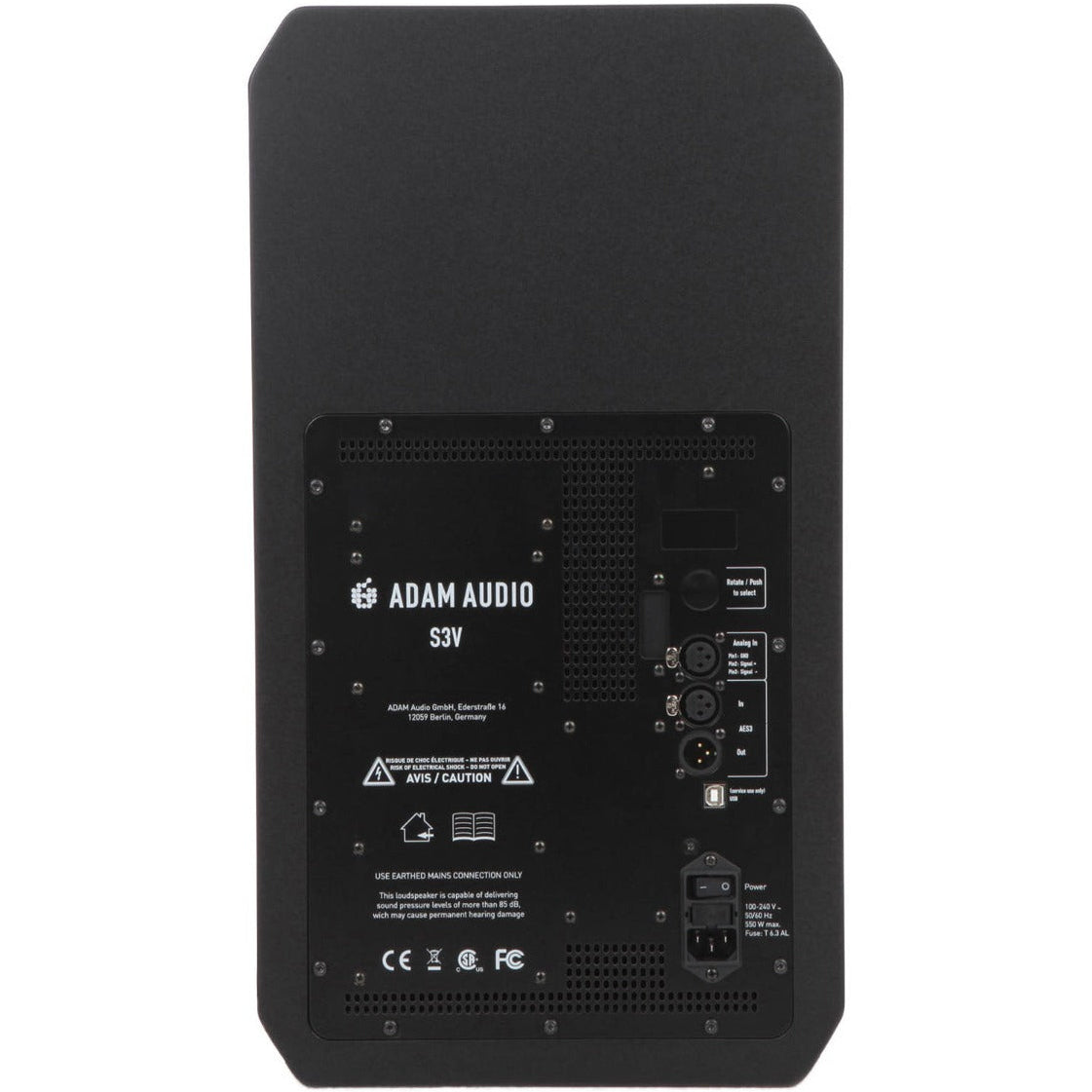 Adam Audio S3V mid-field and main studio monitor speaker with sleek black finish and detailed driver components.
