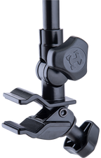 Hercules Stands HCDG-307B microphone clamp attached to a multimedia stand for secure microphone positioning.