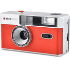 AgfaPhoto Reusable Compact Camera with black body and silver accents, designed for instant film photography.