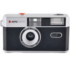 AgfaPhoto reusable compact analogue camera for instant photos, black and silver design, with lens and viewfinder visible