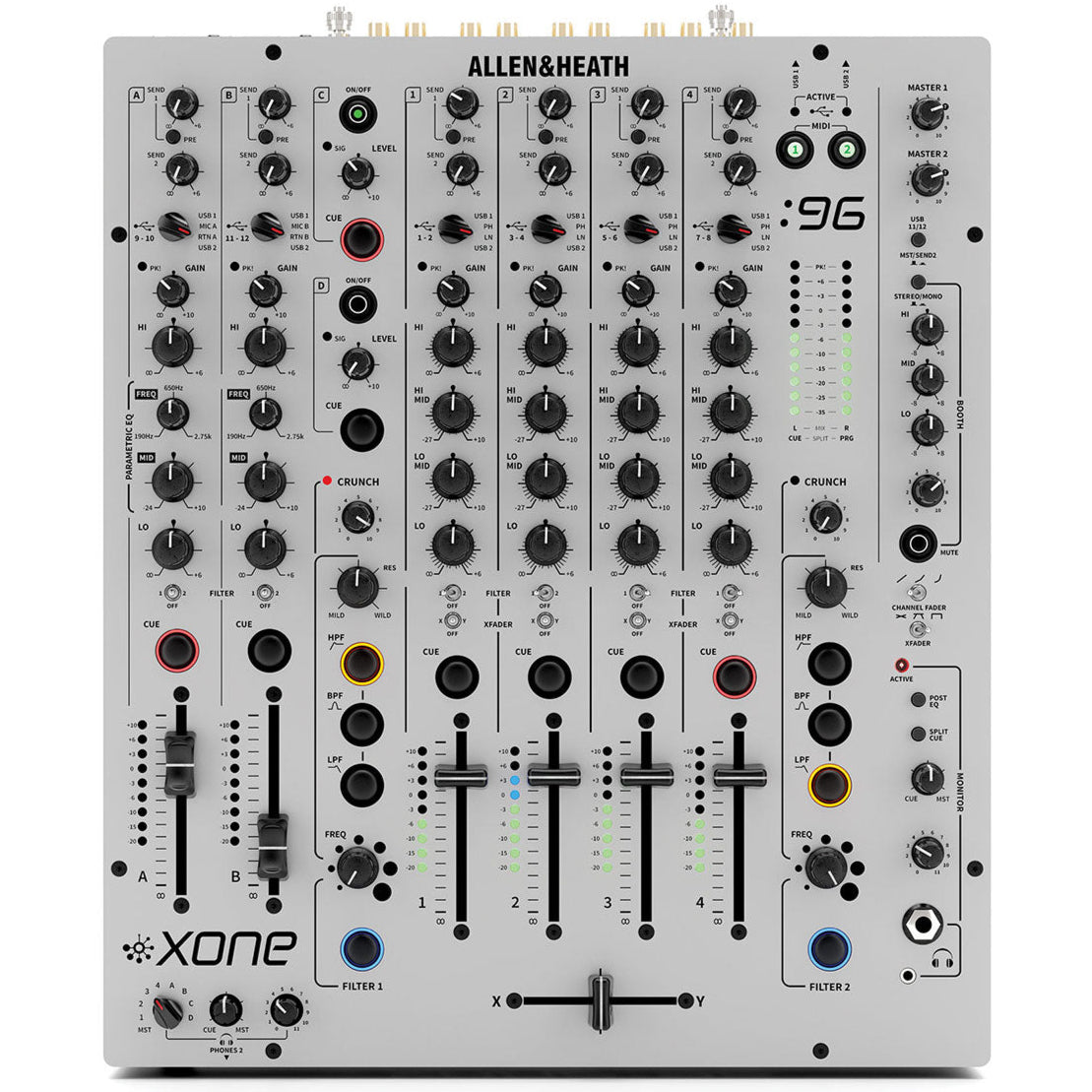 Allen & Heath Xone:96 DJ mixer with multiple channels and controls, featuring a sleek design and advanced connectivity options.
