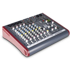 Allen & Heath ZED-10FX analog mixer with multiple input channels, built-in effects, and control knobs for live sound and recording.