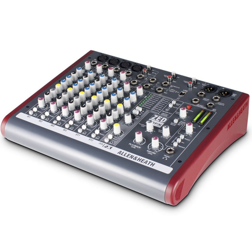 Allen & Heath ZED-10FX analog mixer with multiple input channels and built-in effects, shown with knobs and input jacks.