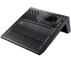 Allen & Heath Qu-5 digital mixer showing control panel with multiple knobs, faders, and input/output ports in a side angle view.