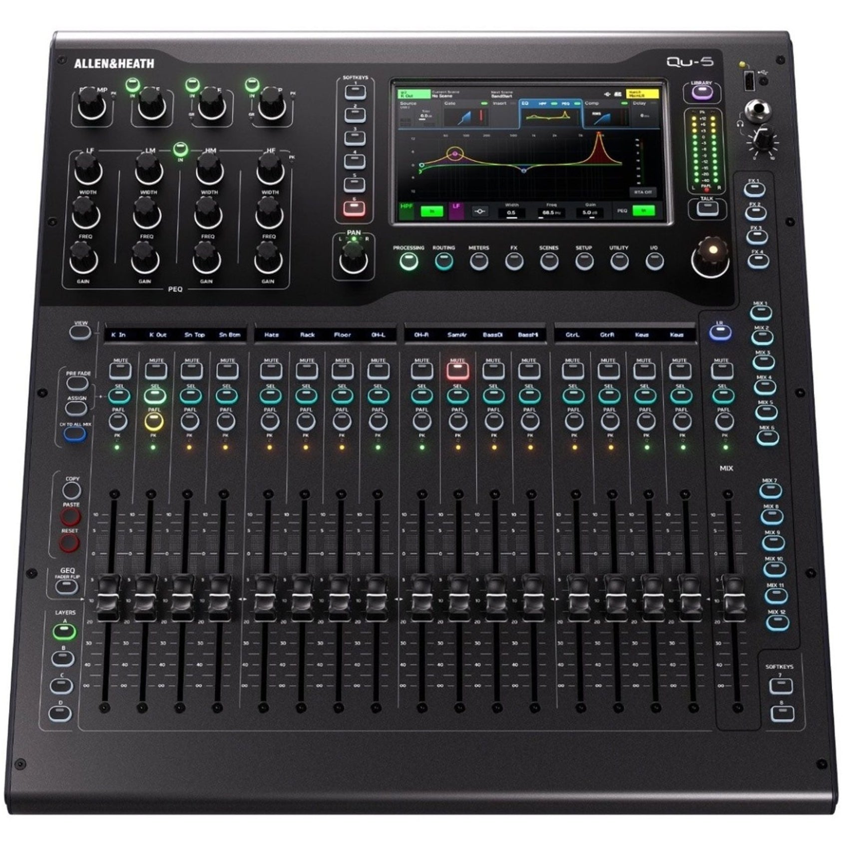 Allen & Heath Qu-5D digital mixer with Dante interface, featuring a sleek control surface and multiple input/output options.