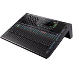 Allen & Heath Qu-6 digital mixer with angled view, featuring multiple input knobs, screens, and control buttons for professional audio mixing.