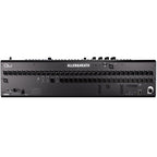 Allen & Heath Qu-7 digital mixer with multiple input/output ports and control knobs, viewed from the back.