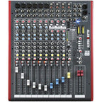 Allen & Heath ZED-12FX analog mixer with multiple input channels, knobs, and built-in effects for live sound and recording setups.