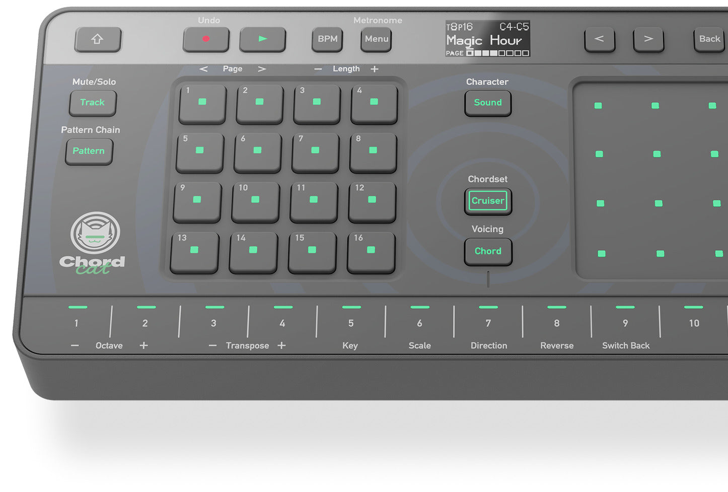 AlphaTheta ChordCat DJ pad controller, close-up of pads and labeled controls.