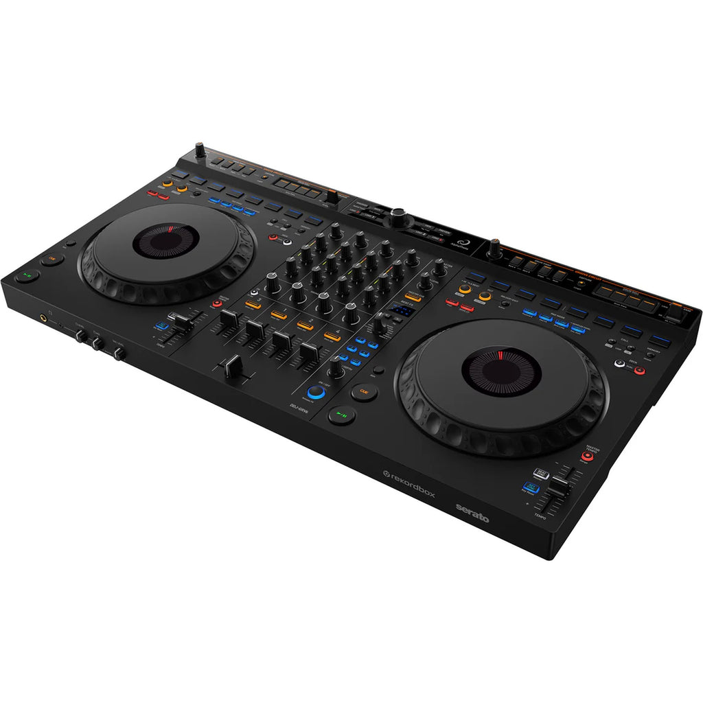 AlphaTheta DDJ-GRV6 DJ controller with jog wheels and control panels, designed for professional DJ performances.