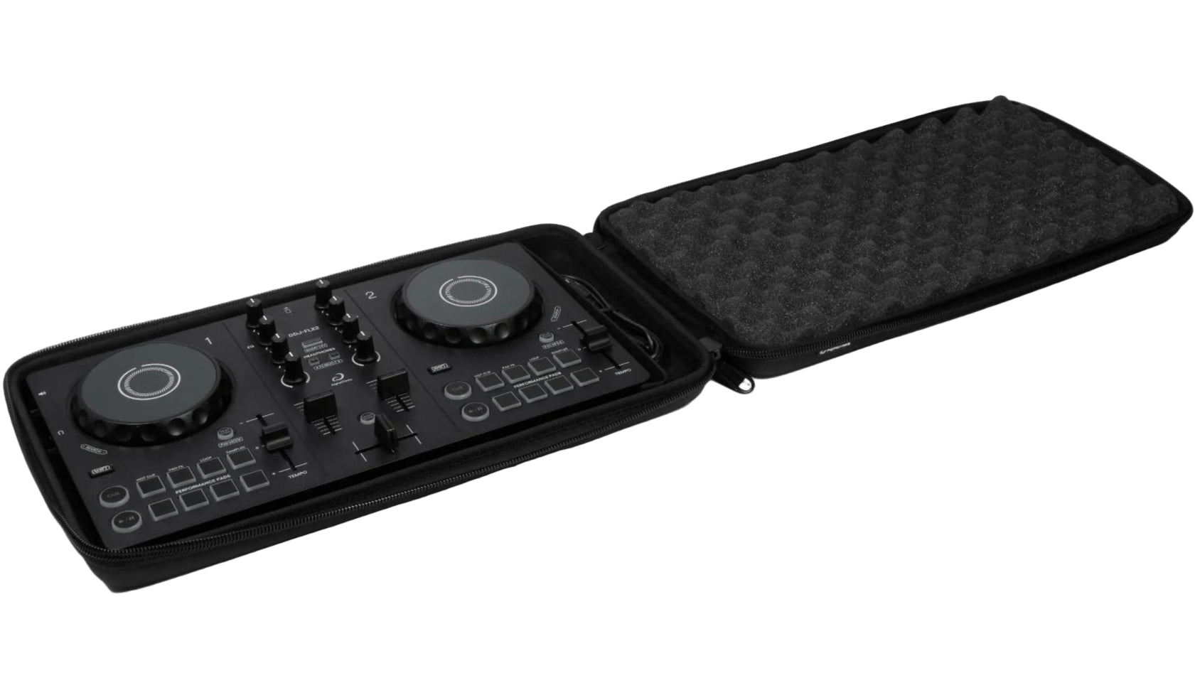 Open AlphaTheta DJC-FLX2 DJ hard case designed for DDJ-FLX2, showing interior foam padding and secure storage for DJ equipment.