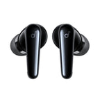 Wireless in-ear headphones by Soundcore Liberty 4 Pro with sleek black design and compact charging case.