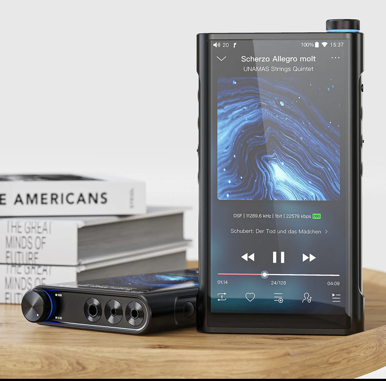 FiiO M15S portable Hi-Res lossless music player with sleek design and digital display, perfect for high-quality audio listening