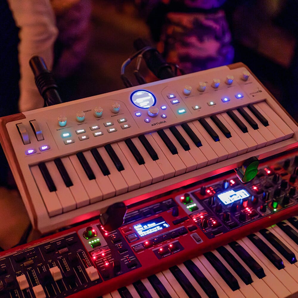 Top view of Arturia AstroLab 37 performance keyboard with 37 keys and control knobs, designed for music production and live performances.