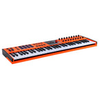 Arturia KeyLab 61 MK3 Ultra MIDI keyboard in orange finish, angled right view showing wooden end panel