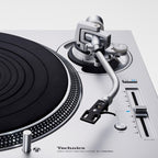 Technics SL-1200GR2 turntable with sleek black finish, tonearm, and stylus for high-quality vinyl playback.