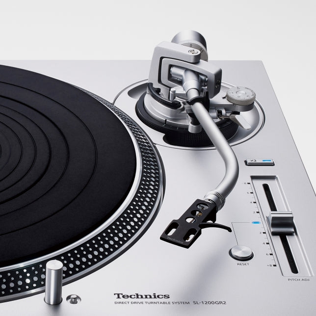 Technics SL-1200GR2 turntable with sleek black finish, tonearm, and stylus for high-quality vinyl playback.