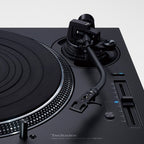 Technics SL-1210GR2 turntable with black matte finish, featuring tonearm and platter, designed for high-quality vinyl playback.