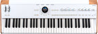 Arturia AstroLab 61 performance keyboard with black and red design, featuring multiple control knobs and a sleek digital interface.