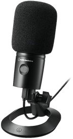 Audio Technica AT8178 microphone windscreen and deadcat with AT2020USBX microphone for wind noise reduction and audio clarity.