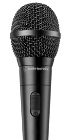 Audio Technica ATR1300x dynamic microphone shown from the bottom, highlighting its build and connection port.