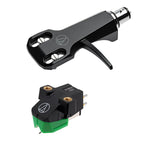 Audio Technica AT-VM95E/H turntable cartridge with headshell, featuring detailed stylus and black body for high-quality vinyl playback.