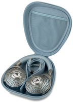 Focal Azurys wired headphones with carrying case, showing sleek blue design and padded ear cups for comfortable listening.