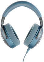 Focal Azurys wired headphones with a sleek blue design and adjustable headband, shown from the front in the image.