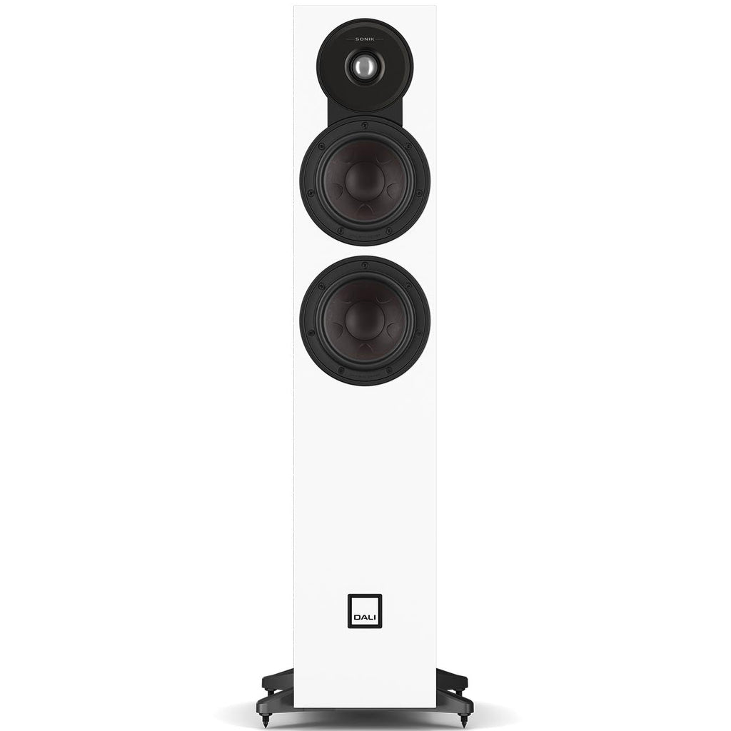 DALI Sonik 5 passive floorstanding speakers with sleek black cabinets and multiple drivers for rich, immersive sound.