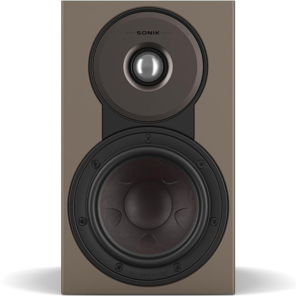 DALI Sonik 1 passive bookshelf speakers with black finish, compact design, and twin drivers for clear audio performance.