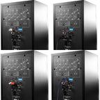 Pair of Kali Audio MM-6 active nearfield monitors shown in a mosaic layout, highlighting their sleek design and front-facing drivers.