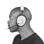 Beyerdynamic MMX 230 Wireless gaming headphones in white with over-ear design and built-in microphone, worn by a person.